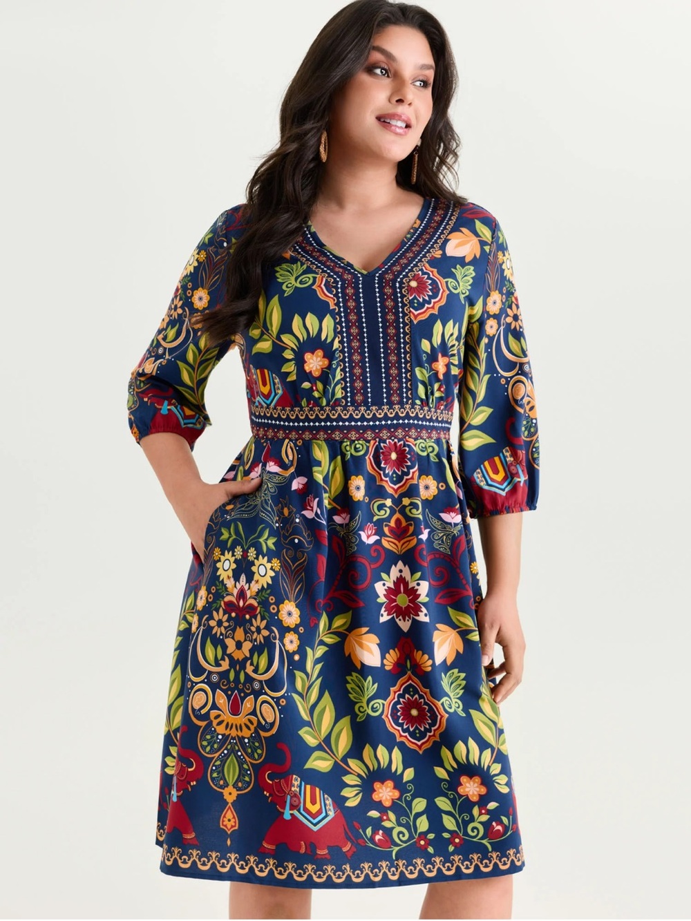 BloomChic Navy Floral & Elephant Boho Print V-Neck Pockets Dress Size 12